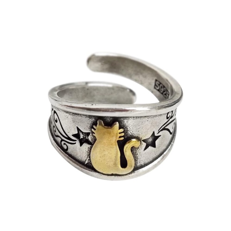 Antique Silver Gold Cat Ring (One Size) Adjustable New
